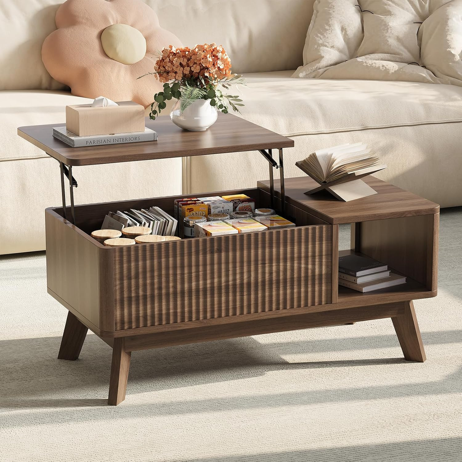 Fluted Coffee Table with Hidden Storage,Modern Wood Coffeetable with Open Shelf,