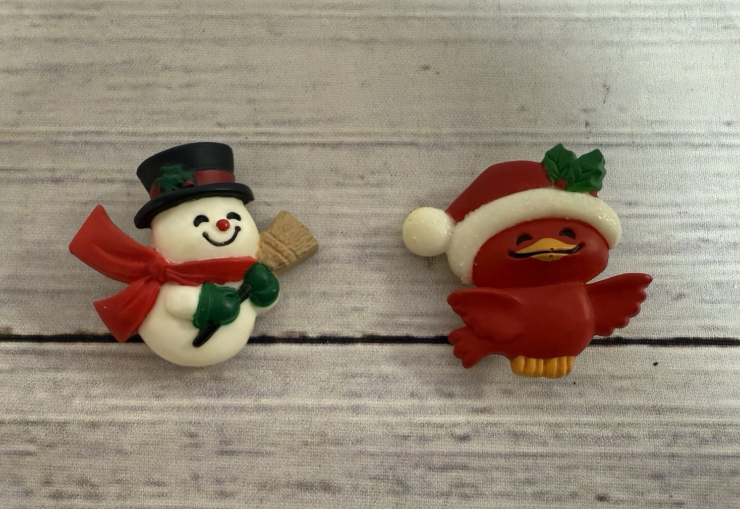 Hallmark PIN Christmas Vintage 1982 Cardinal Bird Santa and 1984 Snowman Brooch
