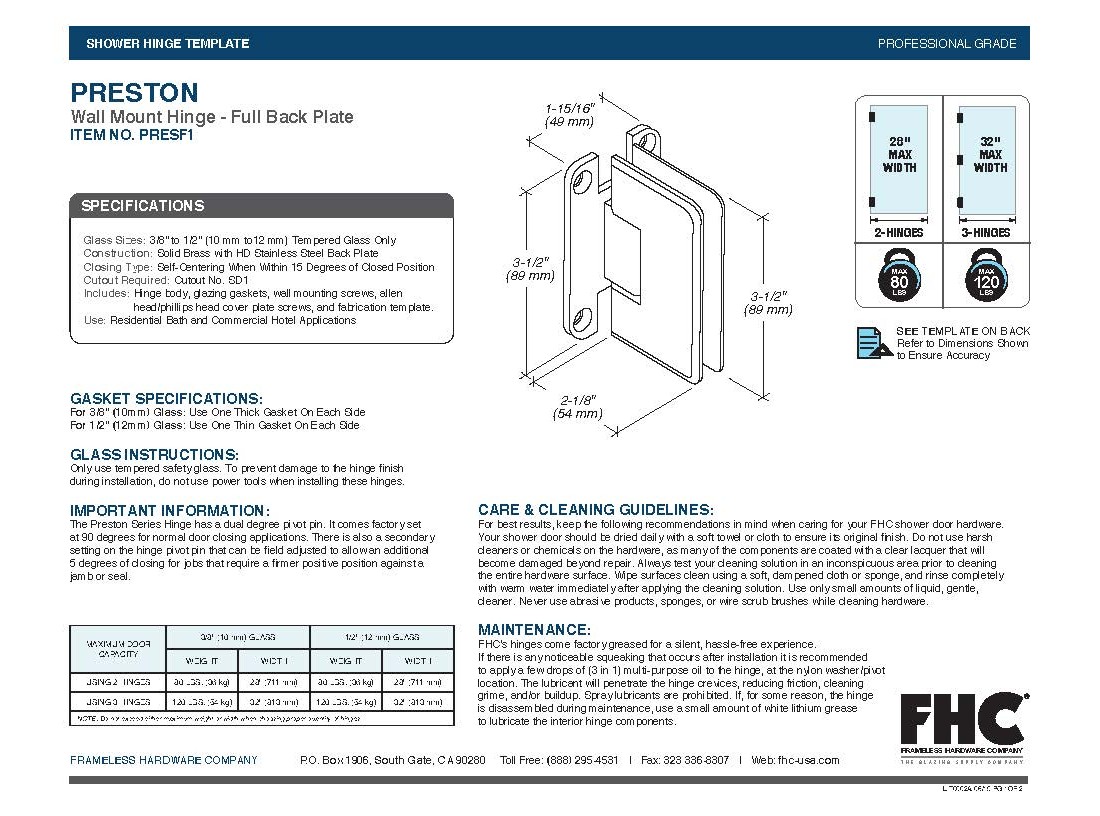 FHC Preston Wall Mount Hinge Full Back Plate Brass Polished Chrome Finish