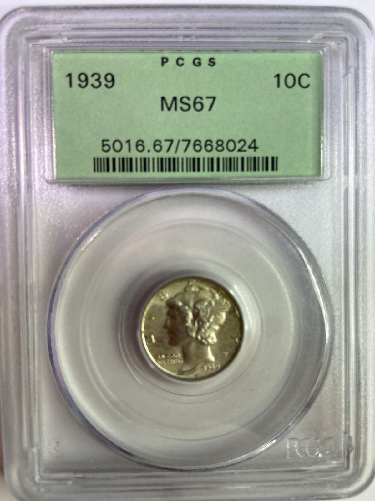 1939 Mercury Dime PCGS  Green Label holder MS67  very attractive light toning