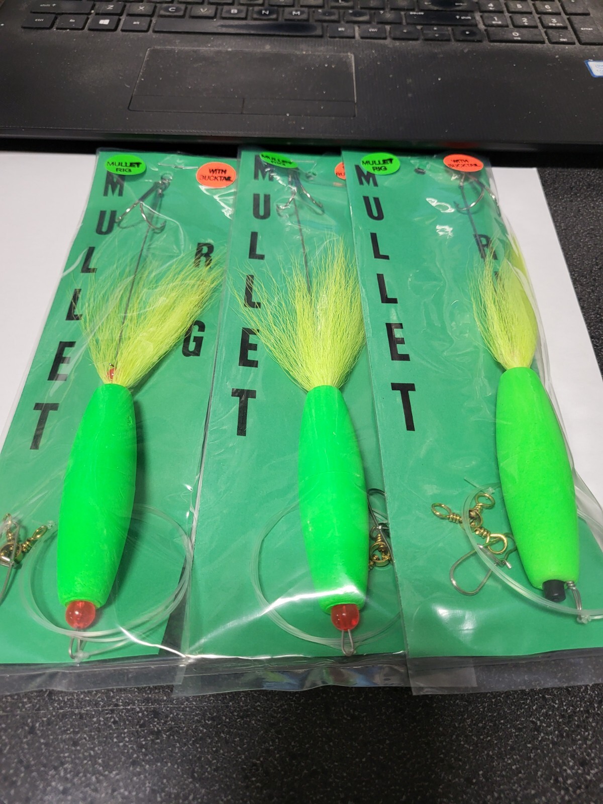 3 NJ Hand Tied Mullet Rigs Green Float/Bucktail w/Mono+3-Way Swivel FREE SHIP