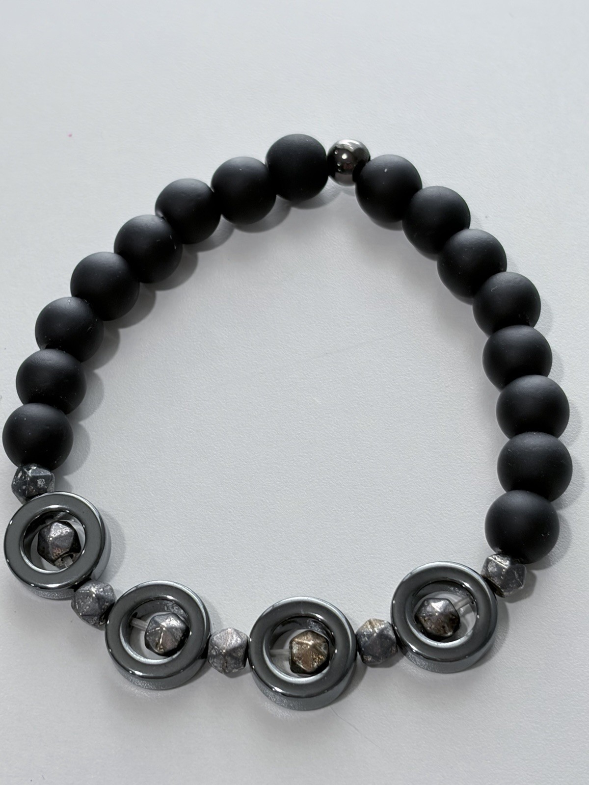 Beaded Bracelet Black and Gray Round Stretch