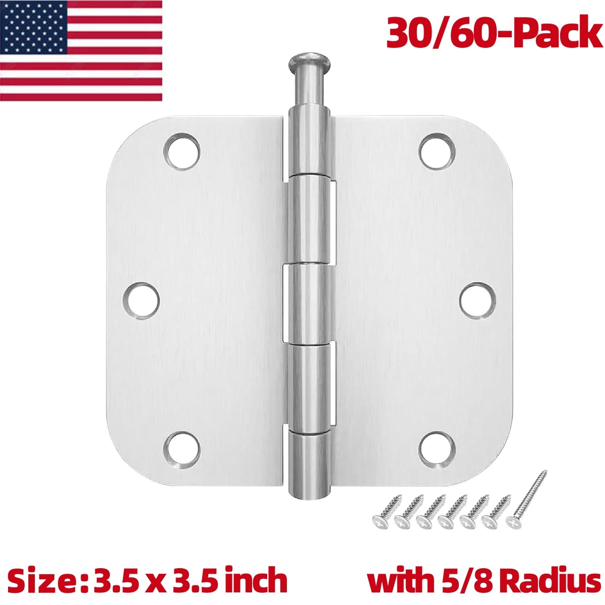 Door Hinges 30/60-Pack 3 ½"x 3 ½" Satin Nickel 5/8 Radius w/Screws