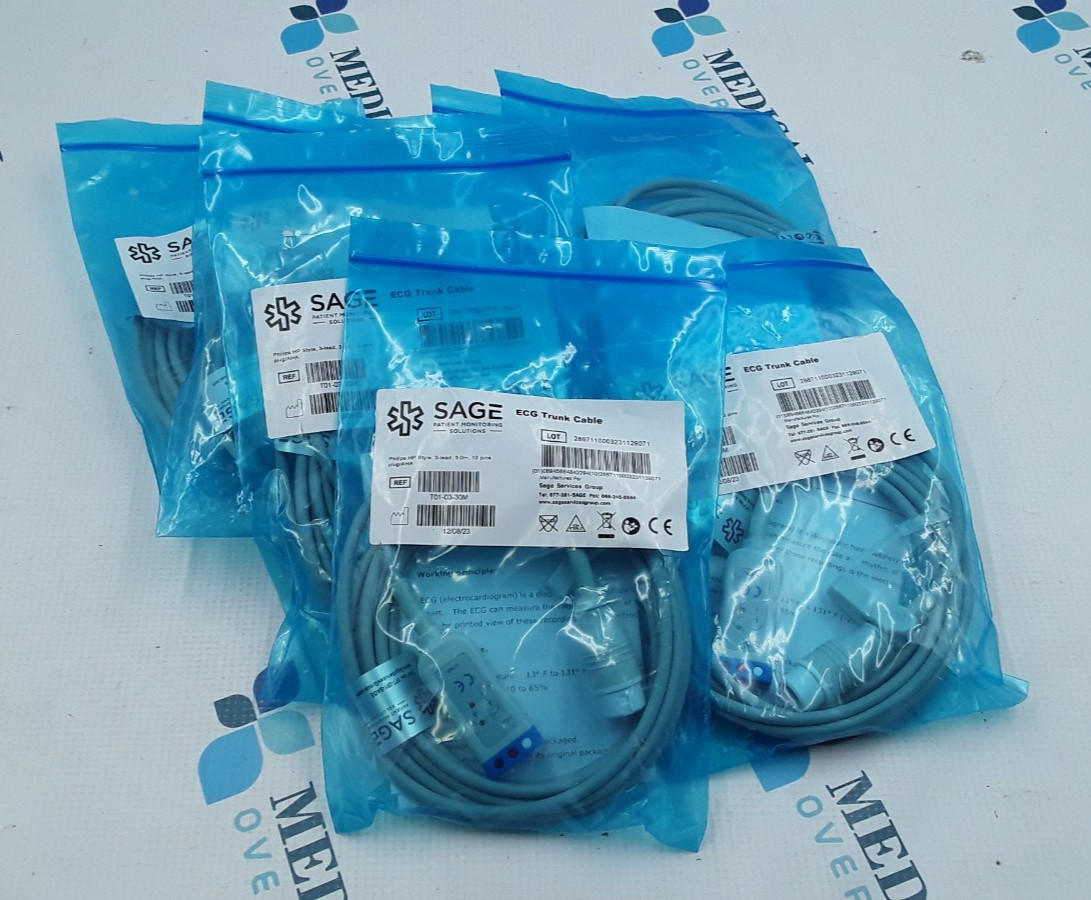 Sage ECG Trunk Cable Philips HP Style 3 Lead 3m 12 Pins AHA Lot of 7