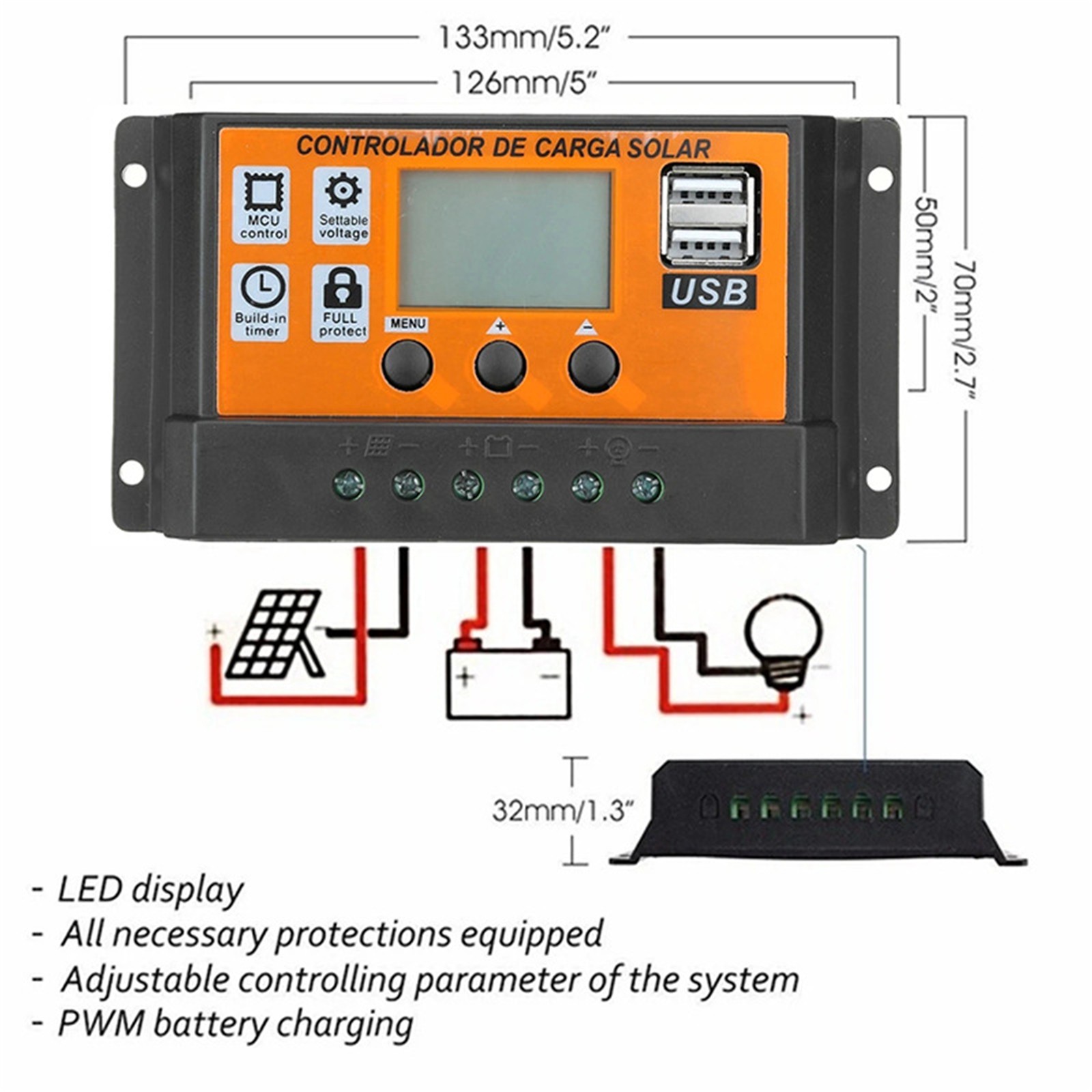 12V/24V PWM Solar Charge Controller 100A Dual USB LCD Regulator Panel Charger