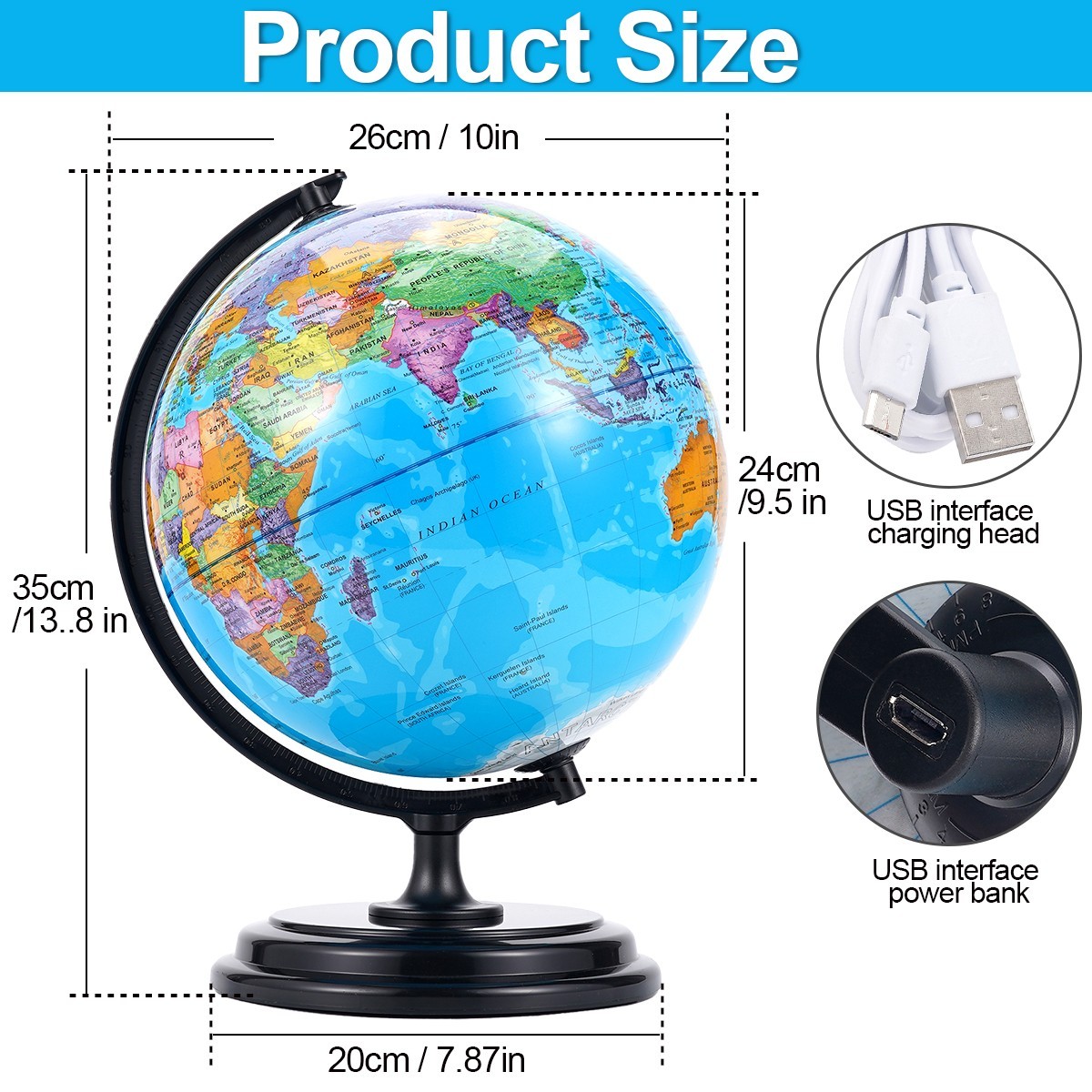 10inch World Globe Desktop Tabletop Globe Geography Teaching Globe for Children