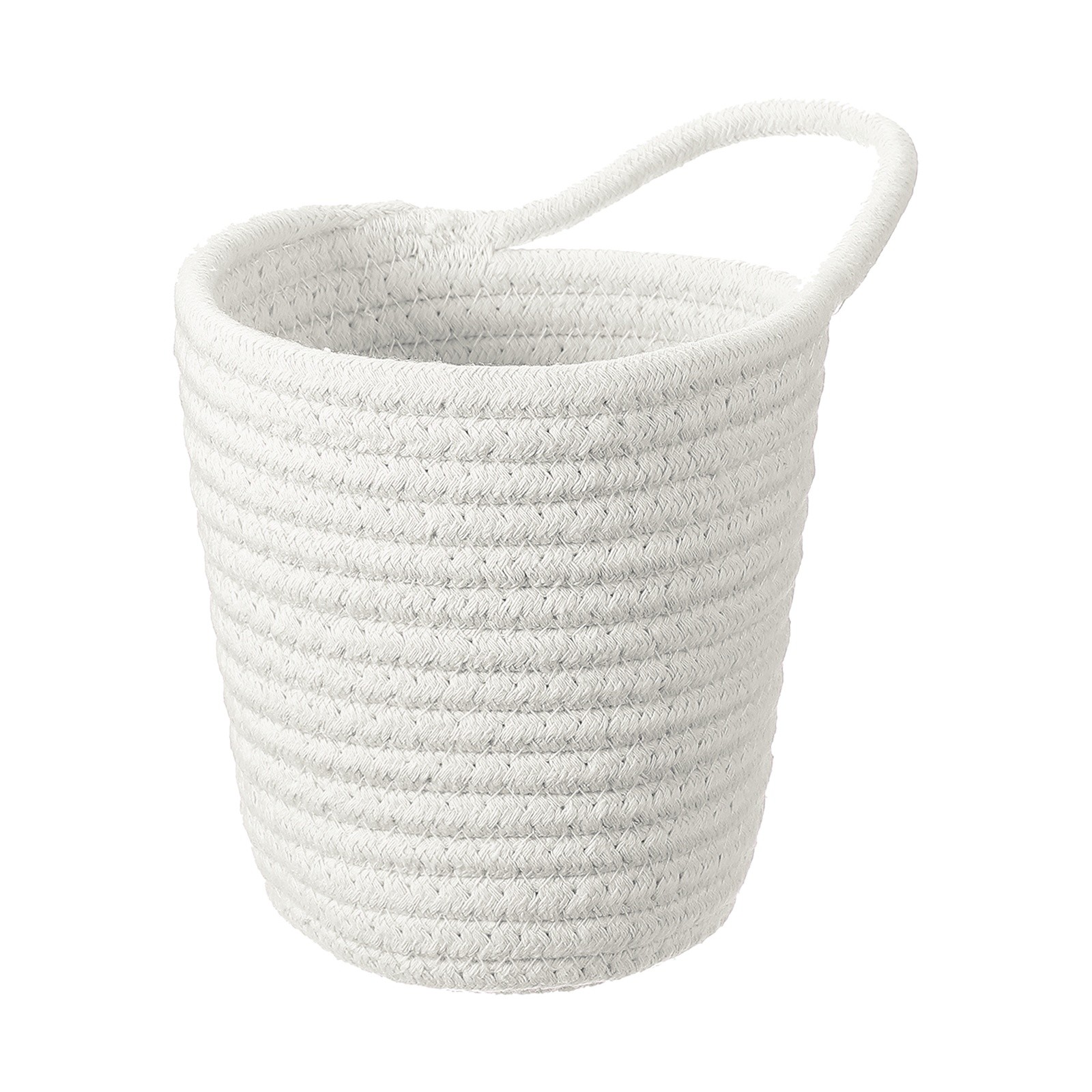 White Small Cotton Rope Woven Storage Basket, Round with Handle, 5.6x5.6"