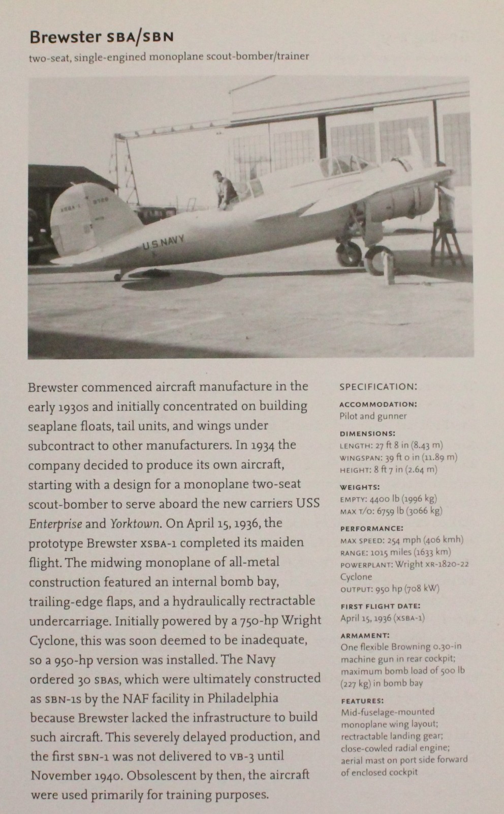 Brewster SBA SBN Plane Picture Aircraft Article Vtg Detail Info Sheet