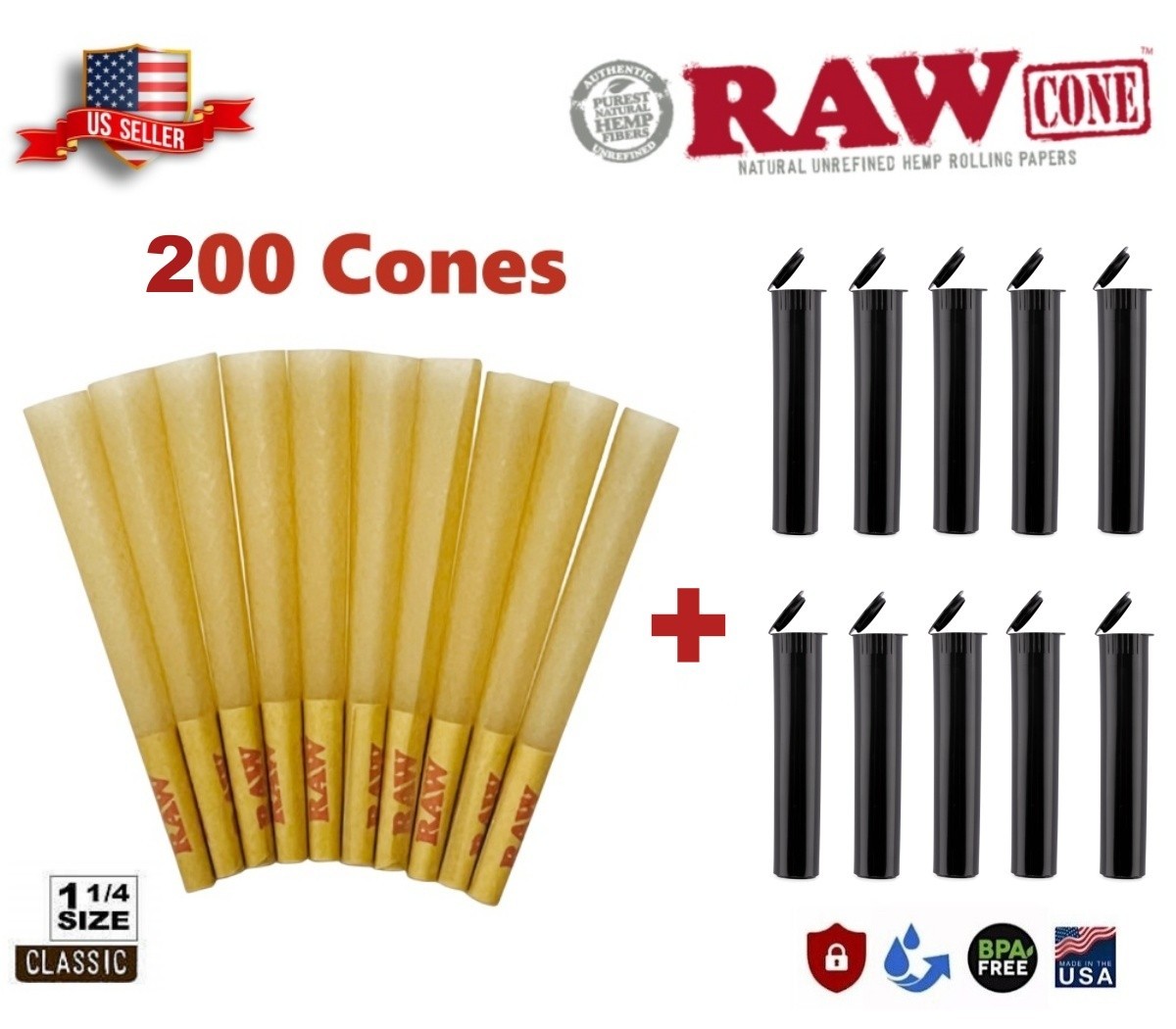 Authentic RAW Classic 1 1/4 Size Pre-Rolled Cone 200 Pack 🌟 10 Tubes