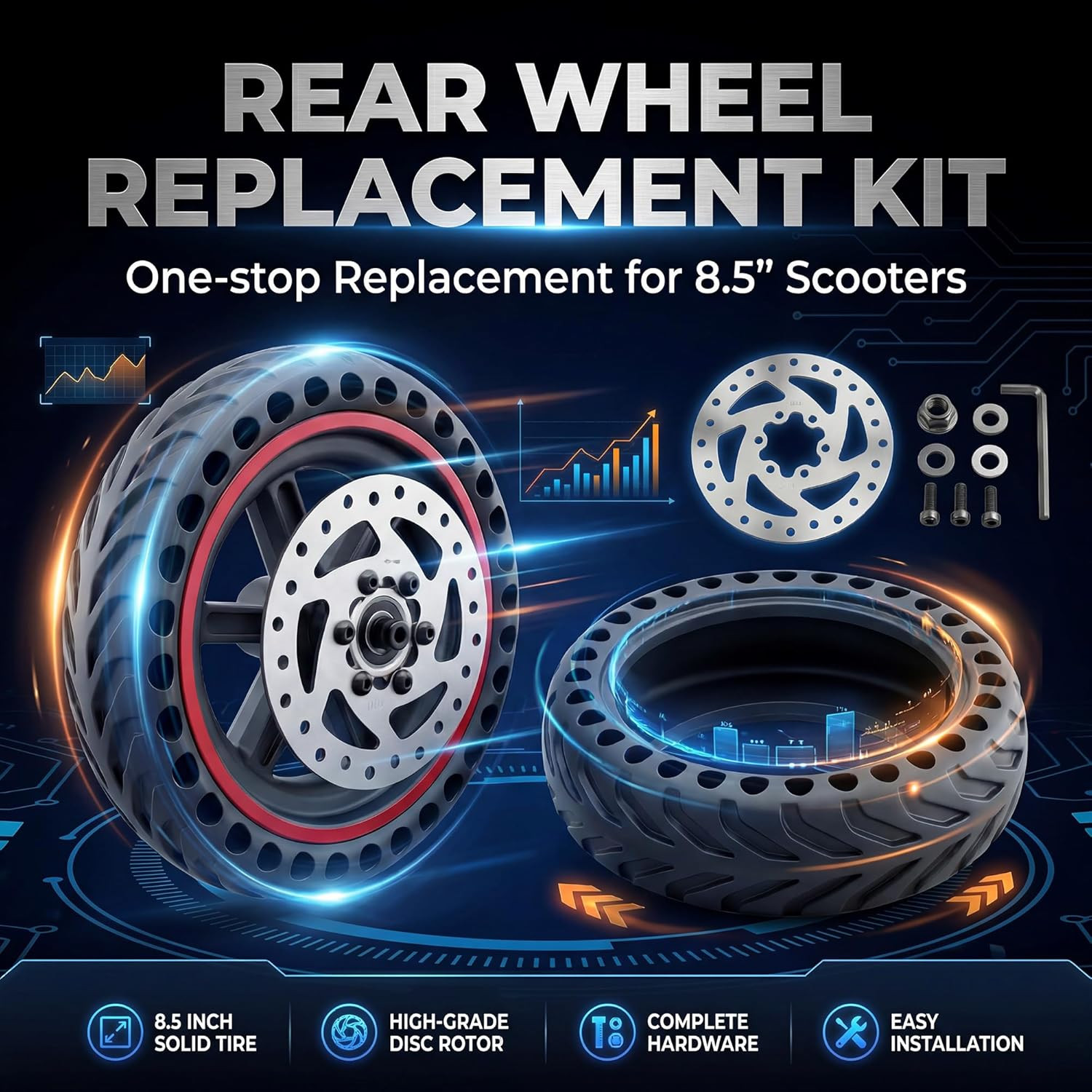 8.5'' Electric Scooter Rear Wheel Replacement Kit - Solid Honeycomb Tire with Al