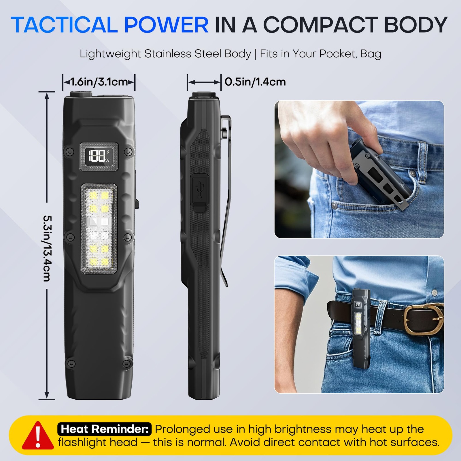 EDC Tactical Flashlight,1500 Lumen Flat Flashlights Rechargeable,Dual-Switche...