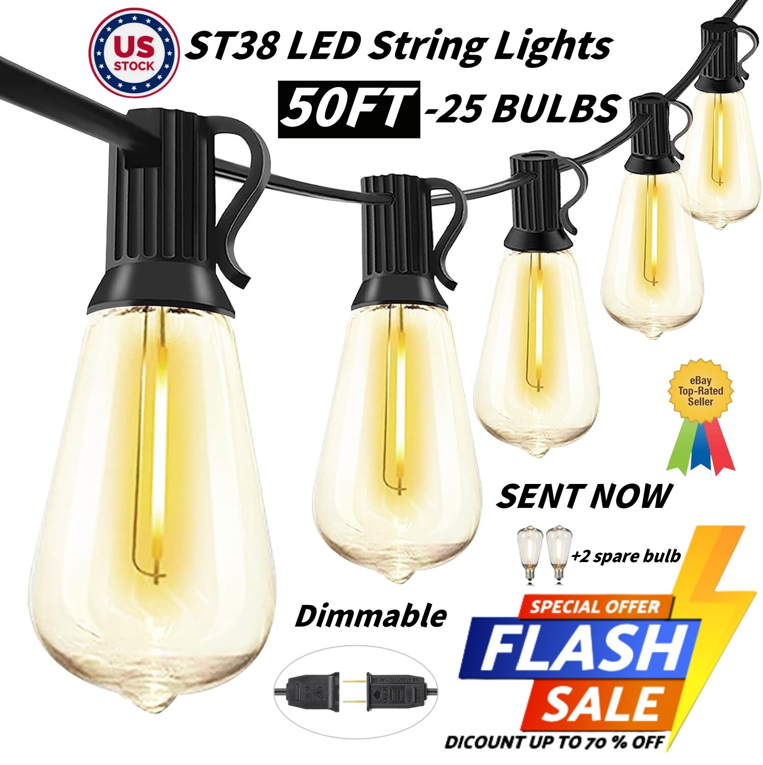 Outdoor String Lights 50ft ST38 Warm White Outdoor Patio Lights IP64 Waterproof