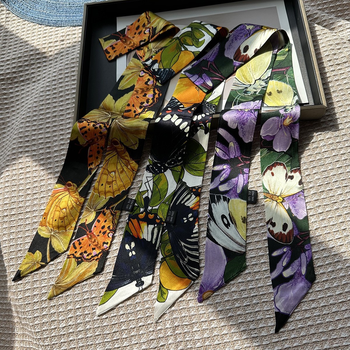 Elegant Butterfly Floral Design 12 Momme Twill Silk Scarf Ribbon NecktieHeadband