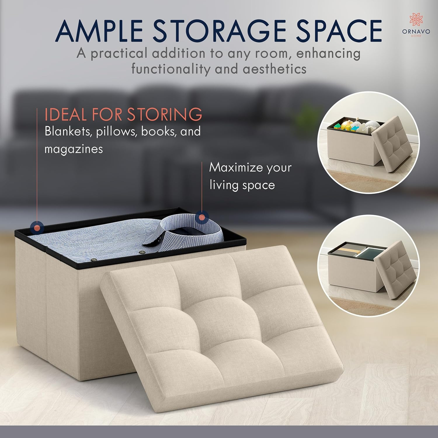 Small Storage Ottoman Foldable Collapsible Rectangle Linen Ottoman Foot Rest Sto