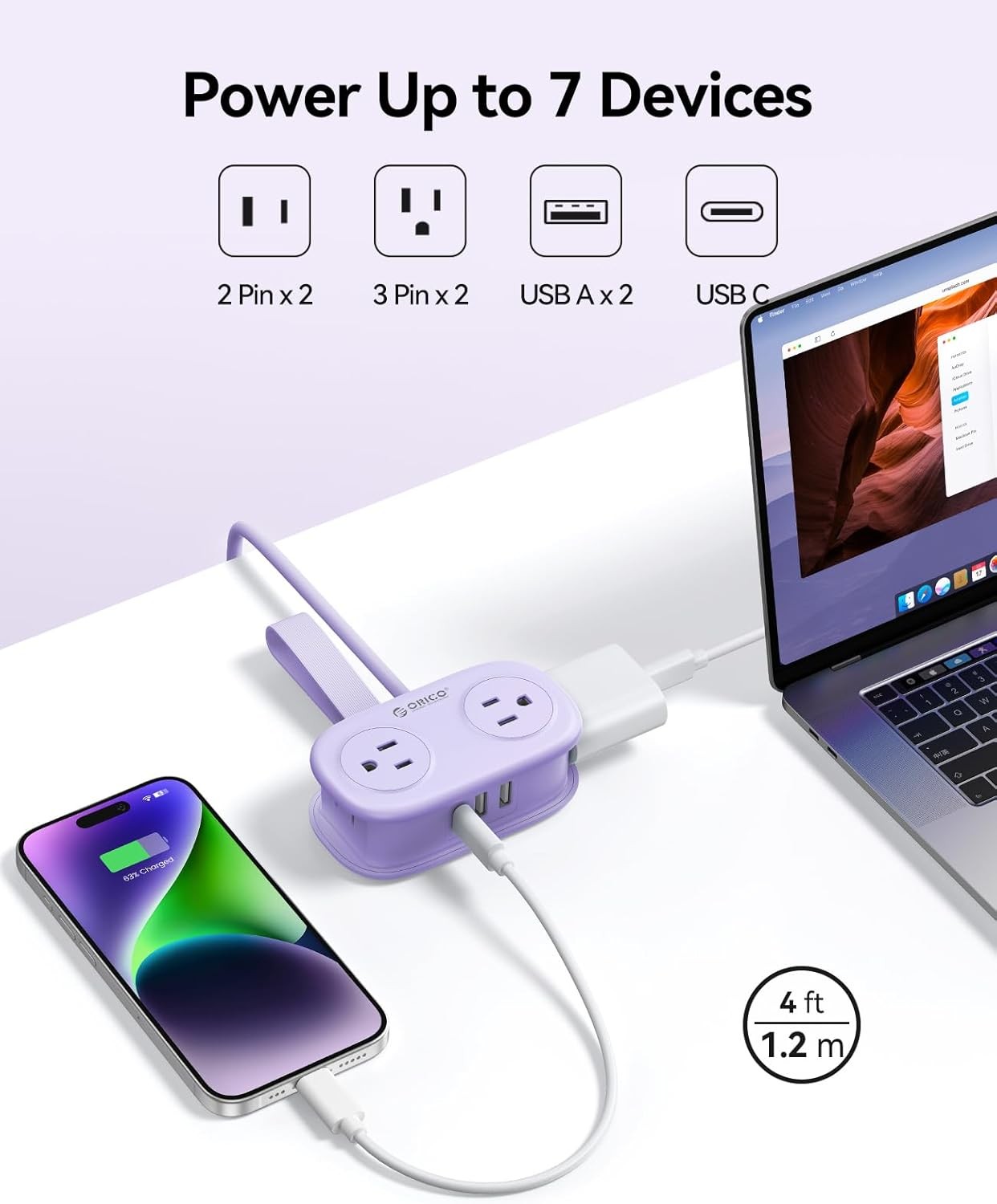 ORICO 7-in-1 Power Strip Extension Cord Small Power Strip Power Strip for Travel