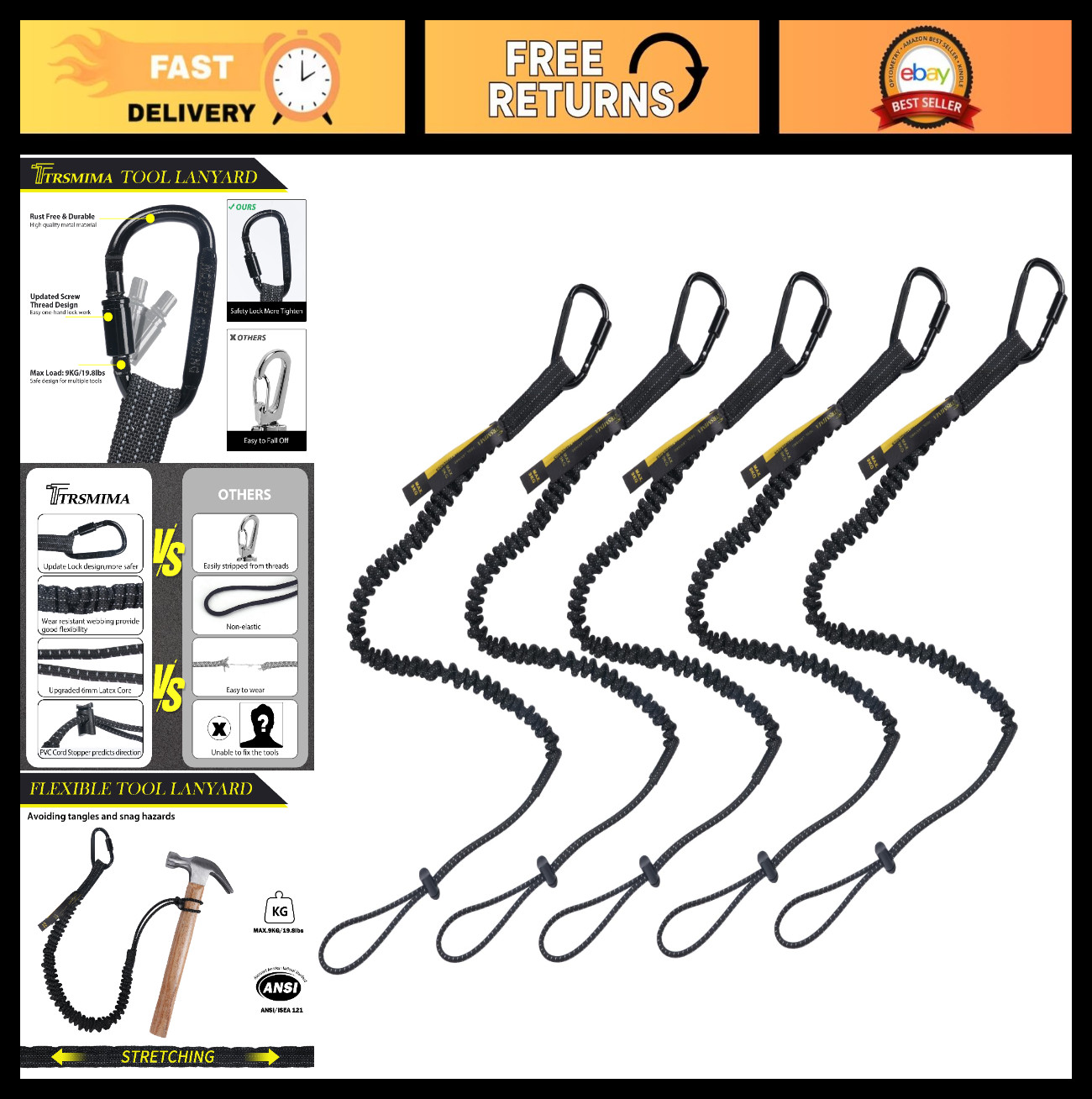 Safety Tether Lanyard Tool Strap 5 Pack | Retractable Leash for Hand Tools, Fall