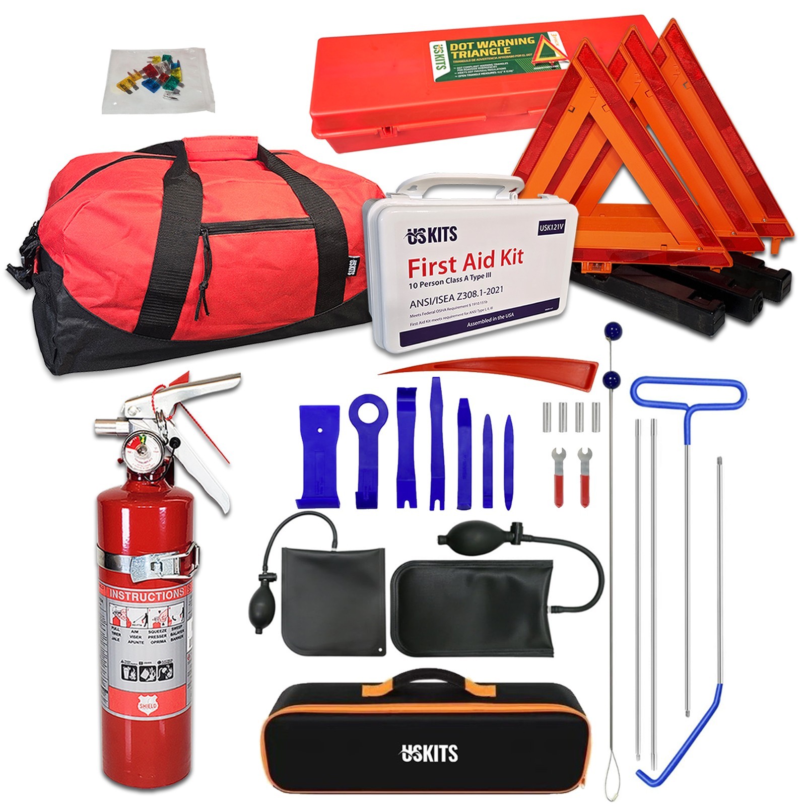 DOT Compliant Vehicle Emergency Kit with Auto Tools & 1A:10BC Extinguisher