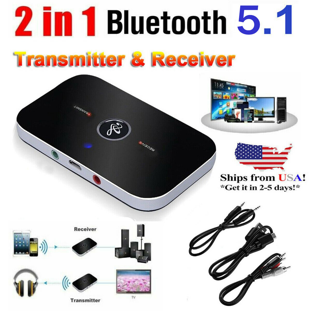 2-in-1 Bluetooth 5.1 Transmitter Receiver 3.5mm AUX Wireless Adapter For Stereo
