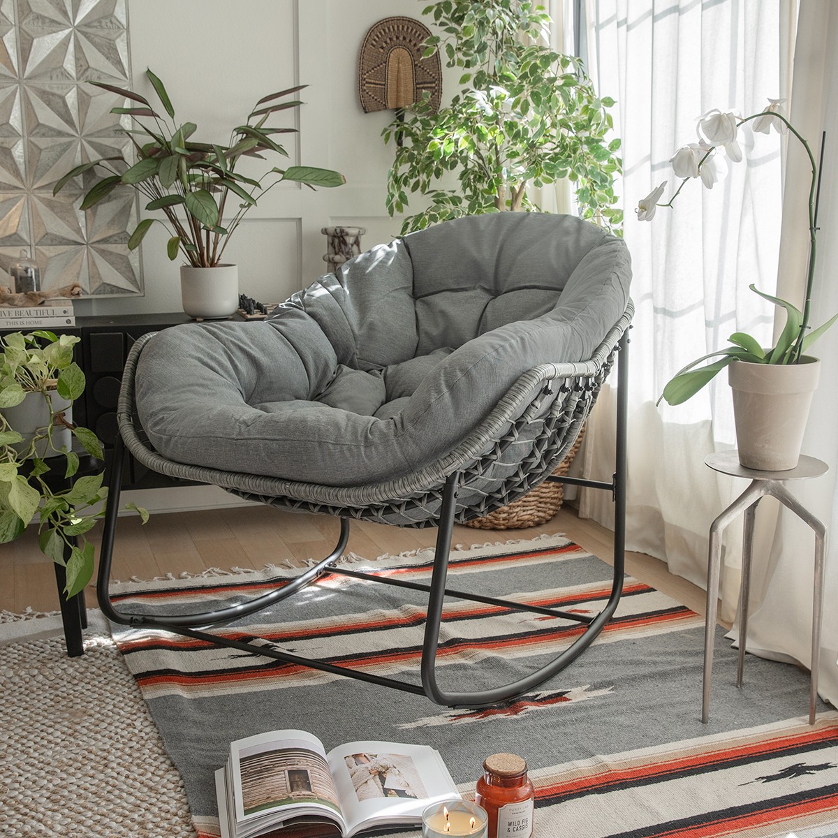 Barton Indoor/Outdoor Rattan Rocking Chair with Padded Cushion Porch Room, Grey