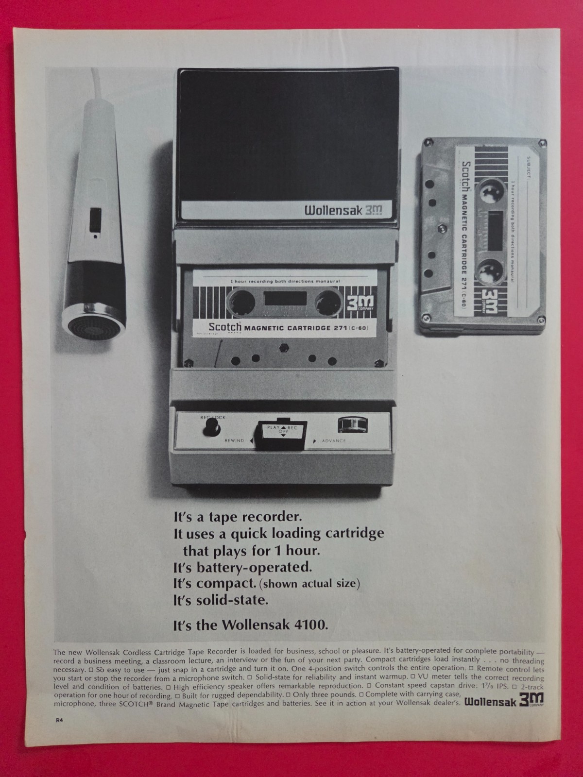 Vintage 3M Wollensak Tape Recorder; Scotch print ad from a 1966 LIFE magazine