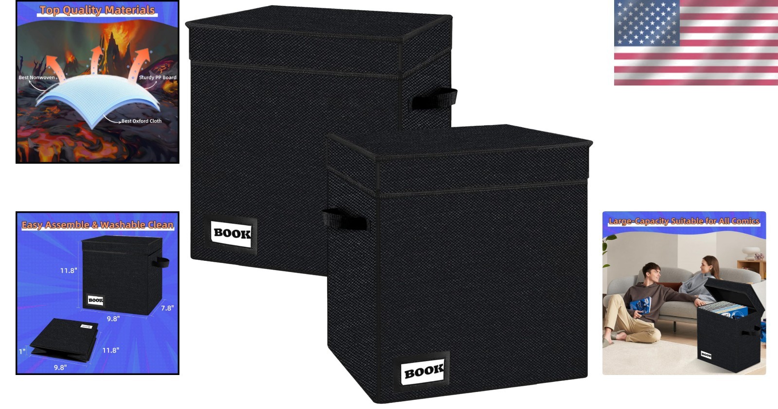 Elegant Black Comic Book Storage Boxes, 2-Pack, Holds 100-120 Comics Securely
