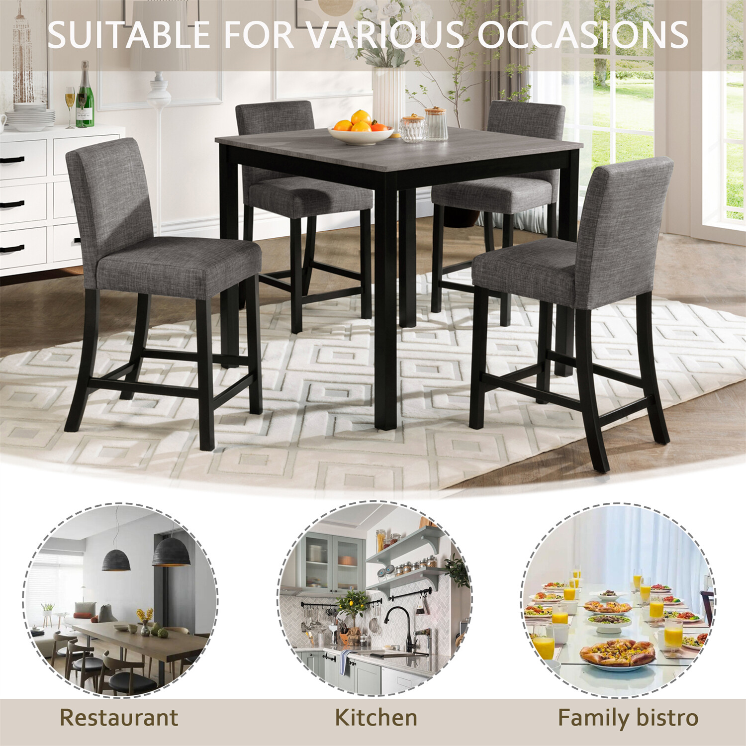 5 Piece Dining Table Set Wooden Dining Table with 4 Upholstered Chairs