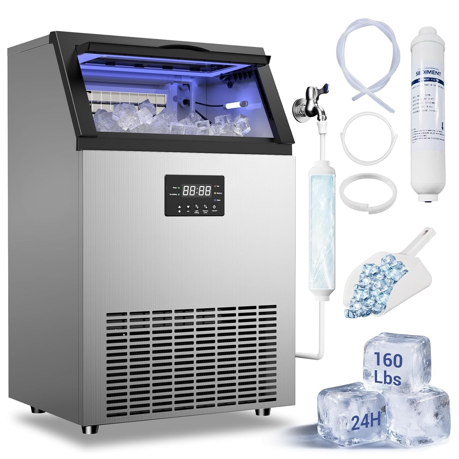 Commercial Ice Maker Machine, 160lbs/24H Stainless Steel Under Counter Ice Maker