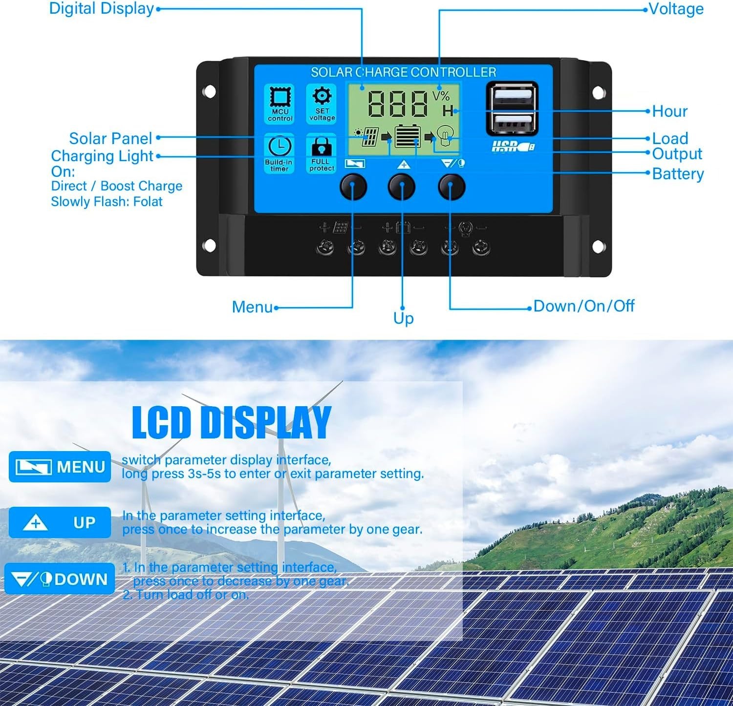 Smart 30A PWM Solar Charge Controller - LCD Display, Timer & Safety Protections