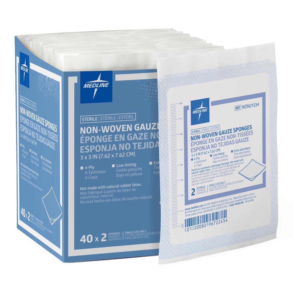 Standard Sterile Nonwoven Gauze Sponges 3" x 3", 4 Ply, 2-Pack, Box