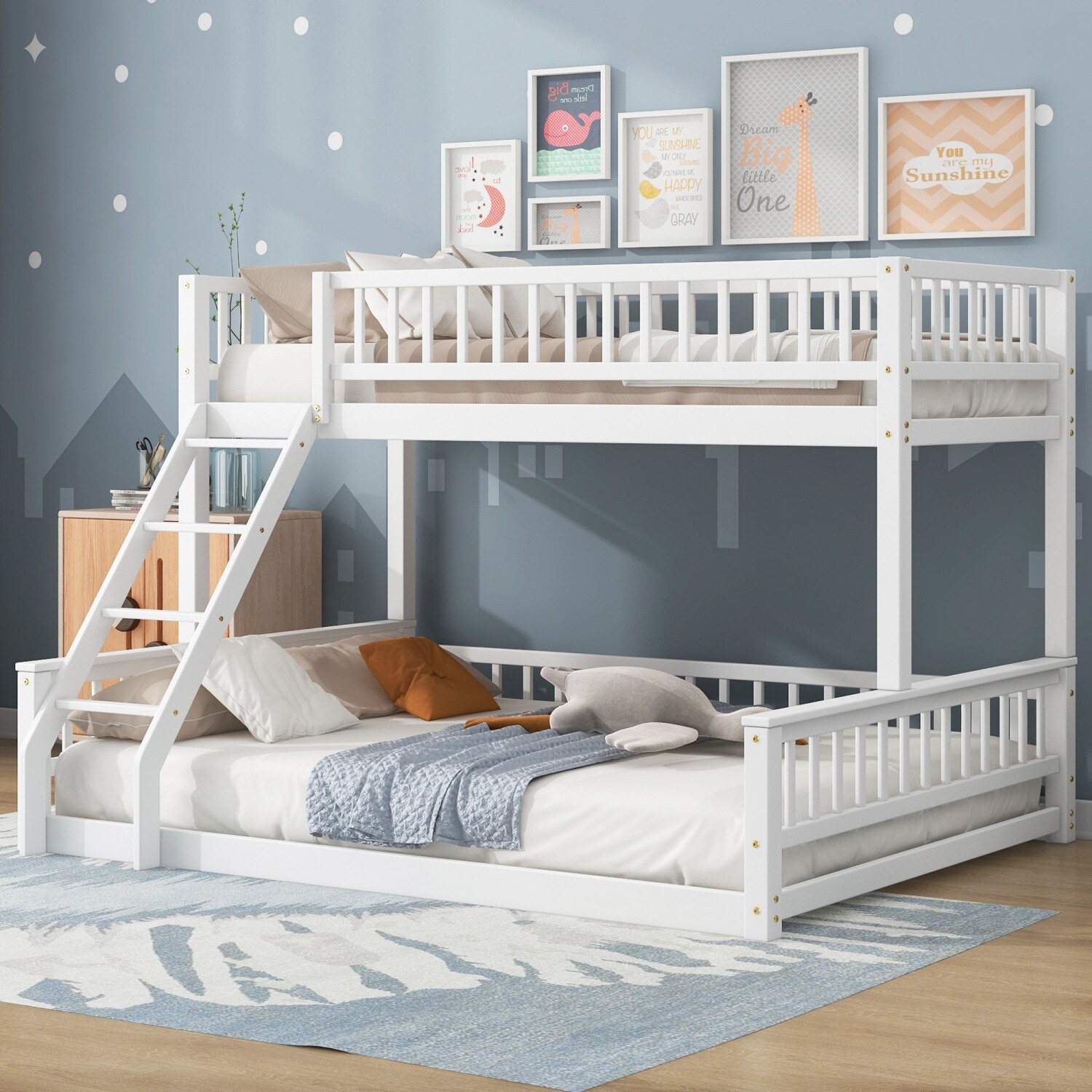 Twin XL Over Queen Wood Bunk Bed Convertible Bed Frame w/ Ladder White/Walnut
