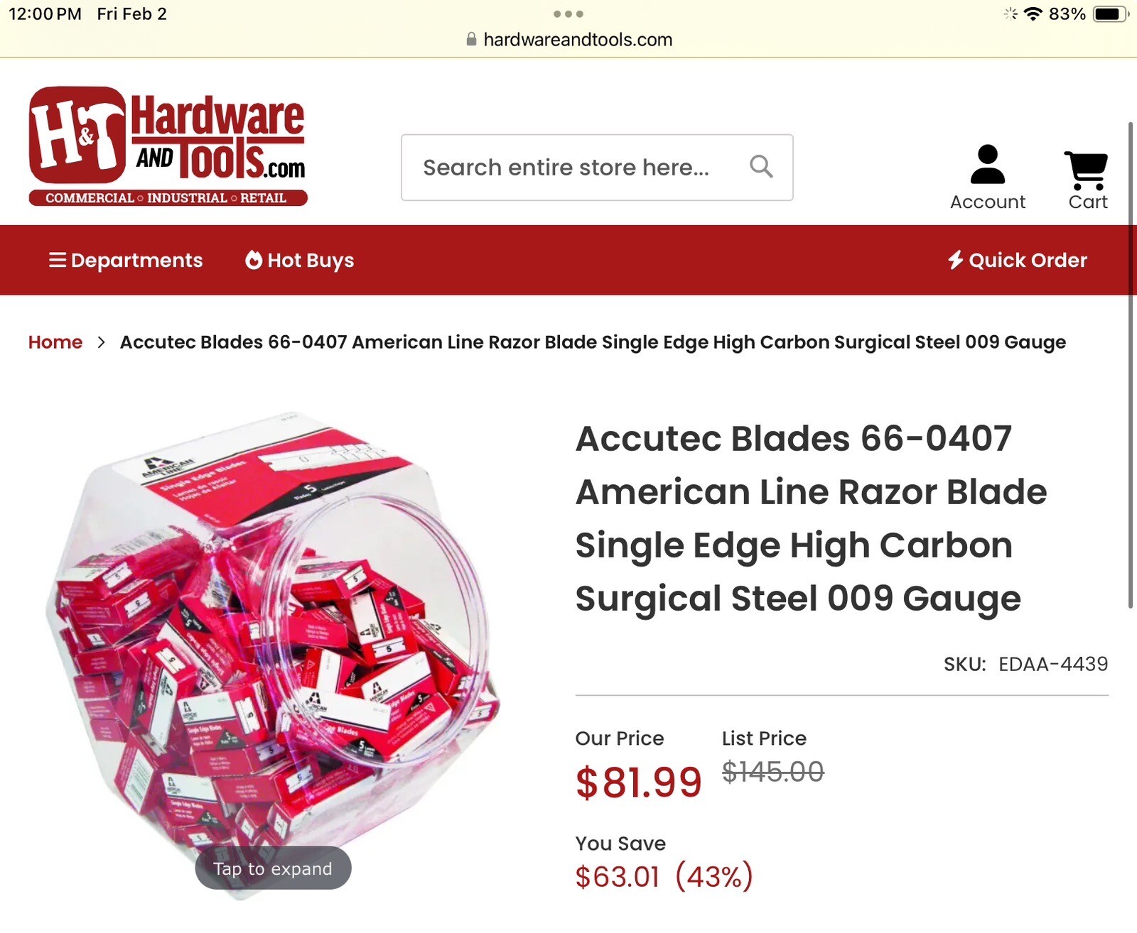American LINE 66-0407 Razor Blade Bucket, Single Edge Carbon Steel Blades 500!