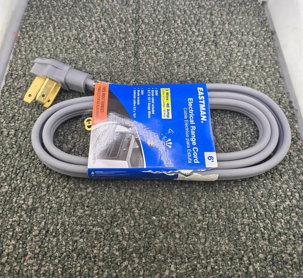 Eastman 61269: 3-Prong Electric Range Cord 40 Amps, 6 Foot Length, Grey