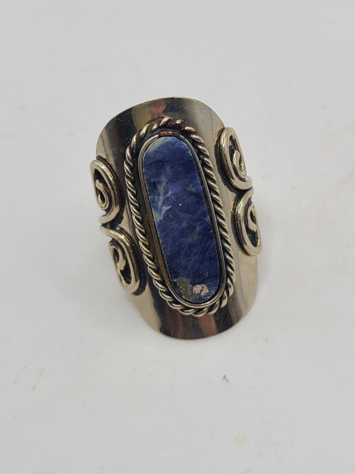 Handmade Sodalite Silvertone Adjustable Size 6 Ring Unsigned 1.25" Long