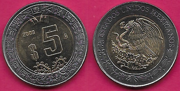 MEXICO 5 PESOS 2009 UNC RING OF THE SERPENTS OF THE AZTEC SUN STONE,IN THE CENTE