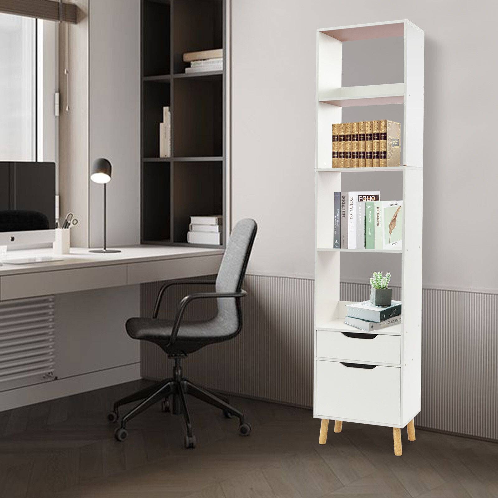 Bookcase Storage Organizer White Floor Standing Storage Rack for Living Room