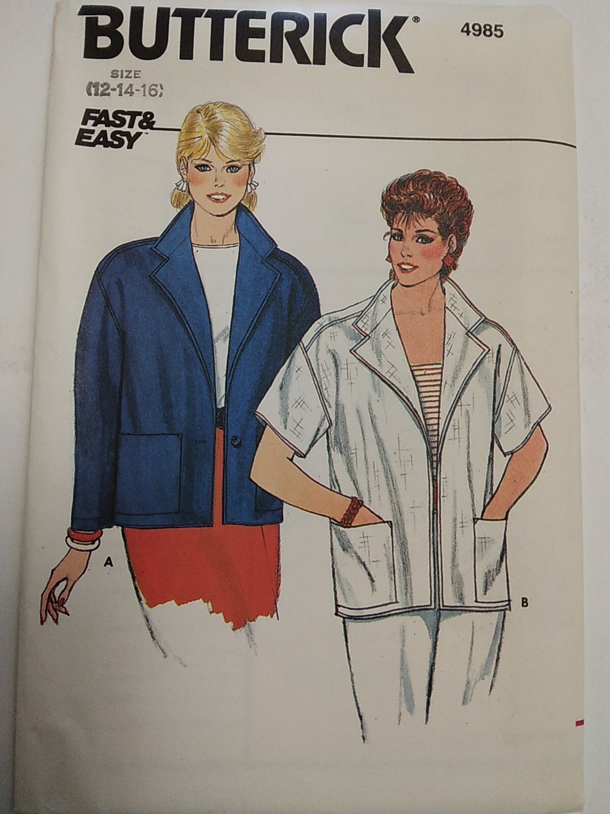 Jacket Boxy Pockets Collared 12 14 16 Butterick 4985 Sewing Pattern UC V Neck