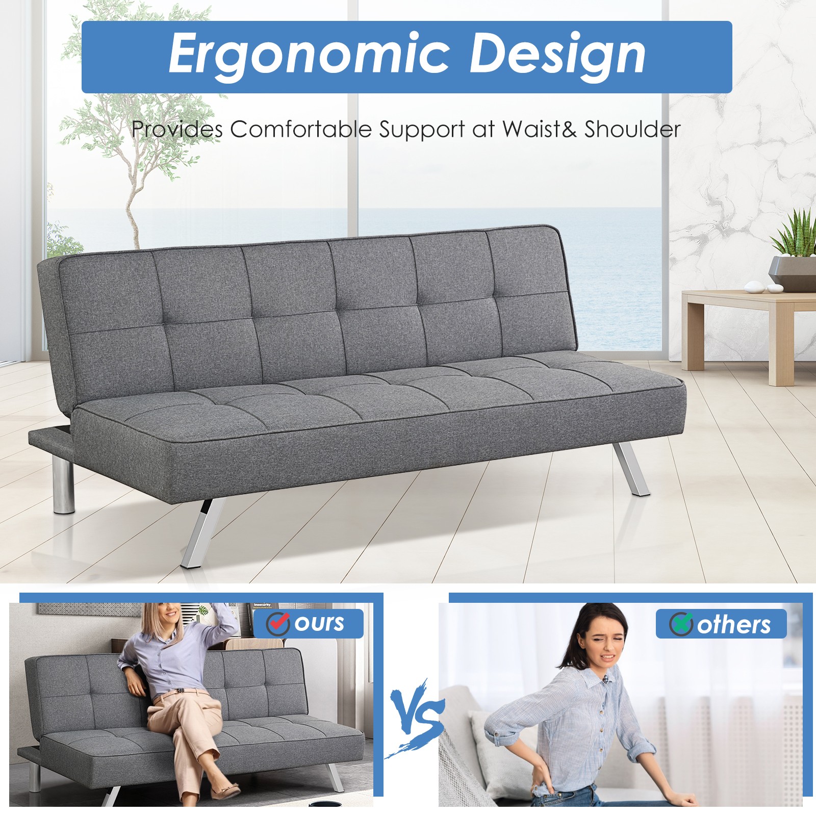 Topbuy 3-Seat Adjustable Sofa Bed Long Sofa with 3 Adjustable Angles for Living