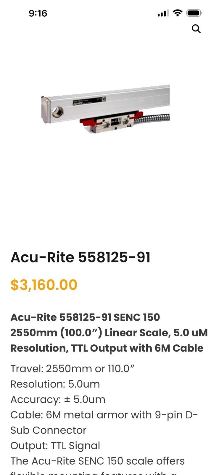 Acu-rite Linear Encoder. Senc 150. 100” Scale 558125-91. 19’ Armor