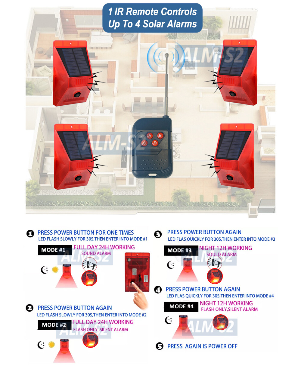 110dB Motion Sensor Alarm Solar Panel DC Powered Home Security IR Remote