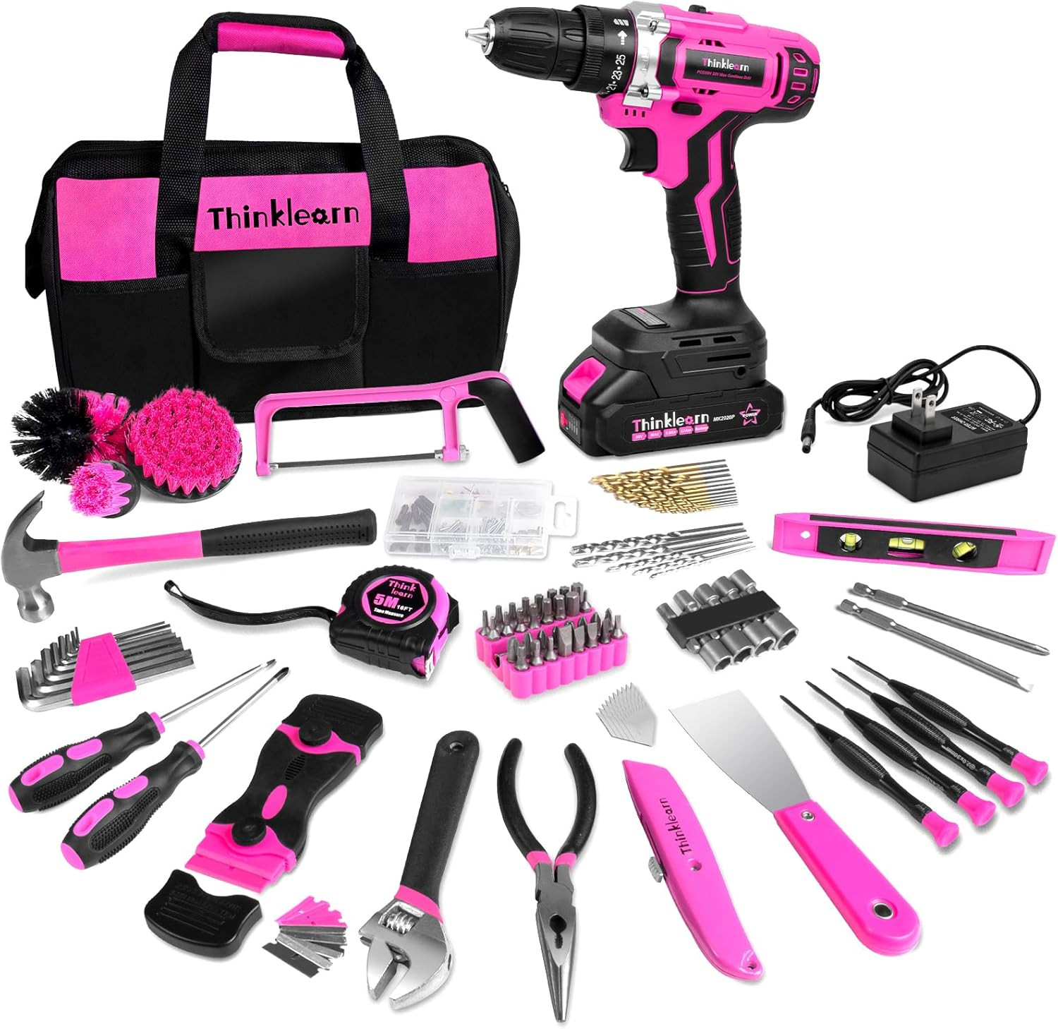 Pink 20V Cordless Drill Set for Women - DIY Tool Kit with Storage Bag