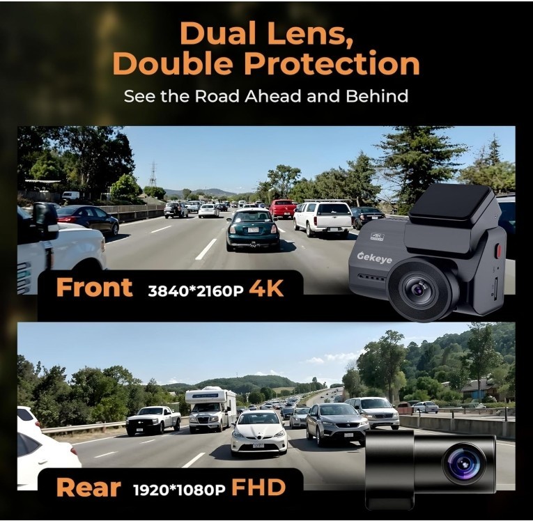 Gekeye 4K+1080P Dual Dash Cam w/ WiFi GPS Night Vision + 64GB SD | New Sealed