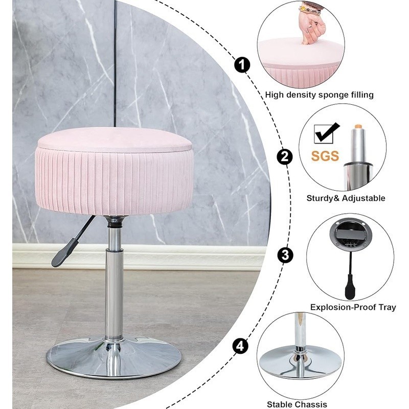 Adjustable Velvet Storage Stool Swivel Seat Hidden Space Foot Rest Non-Slip Base