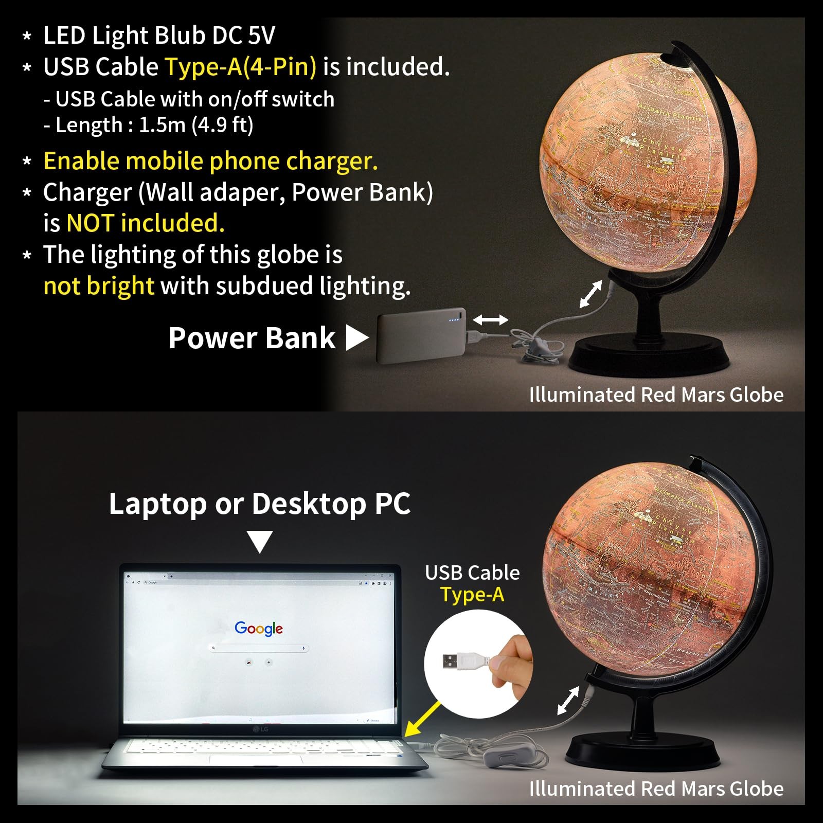 Mapsoft Explorer Illuminated Red Mars Globe, 24cm/9.5", RI-24, Mars Map, Mars...