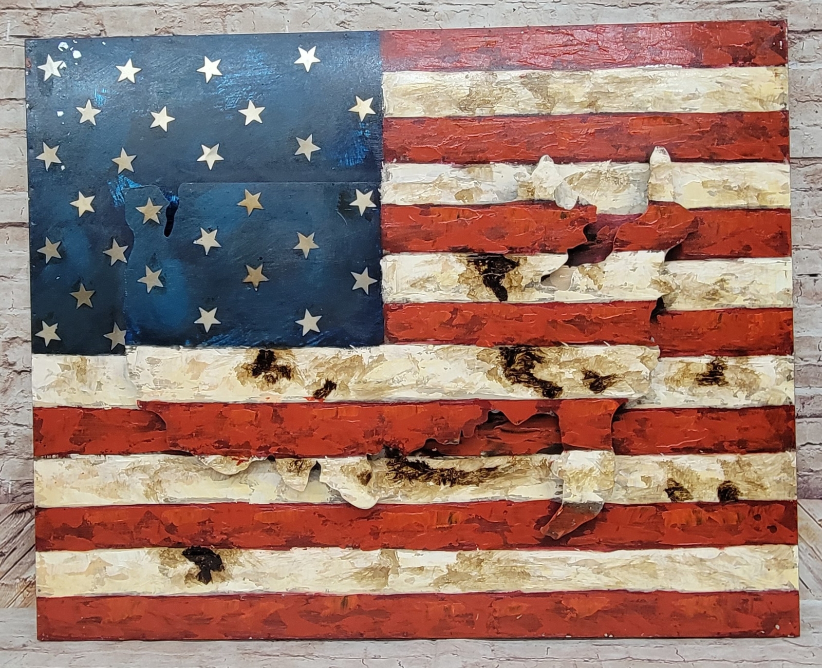 Hand Made American Flag 3D Wall Painting by European Bronze Finery 32" X 40" NR