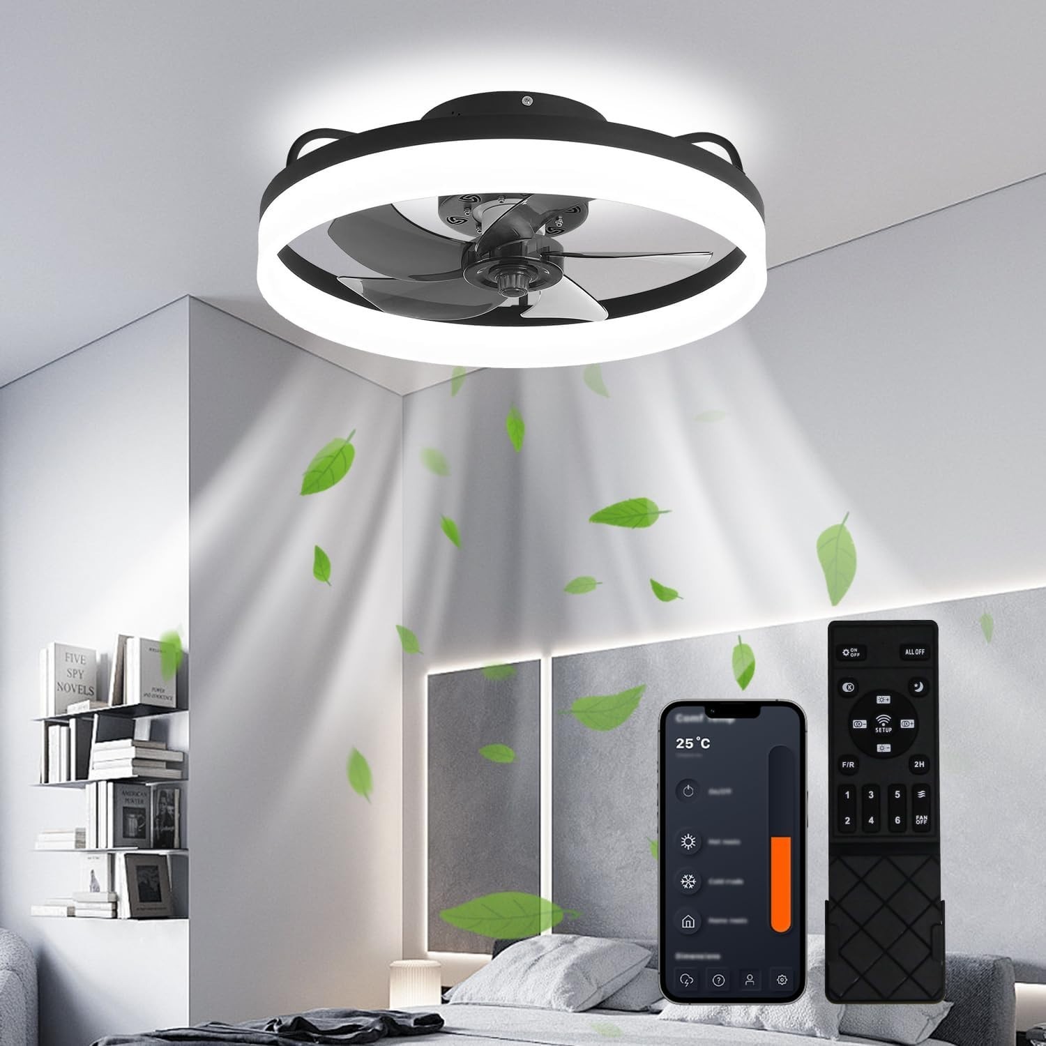 20" Modern Fan Lights Flush Mount LED Ceiling Light kit With Remote APP Control