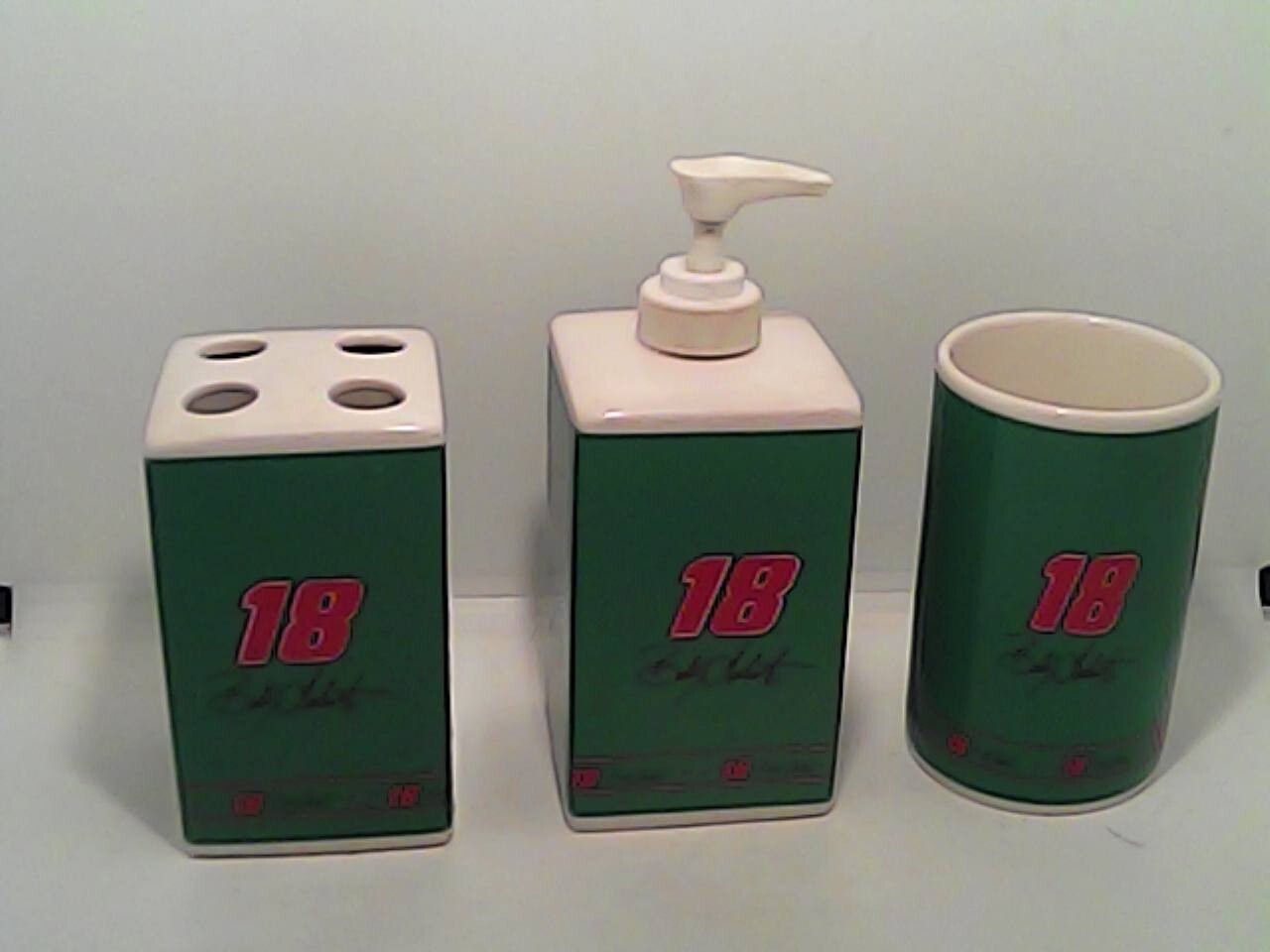 Nascar #18 Bobby Labonte Bathroom Set - Cup, Lotion Dispenser, Toothbrush Holder