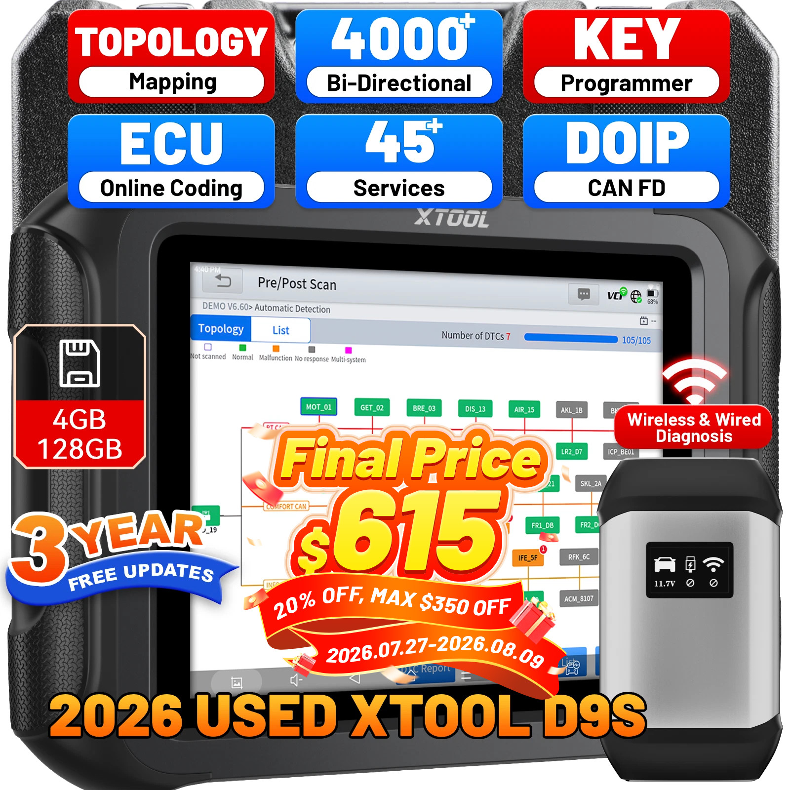 XTOOL USED D9S Full System Diagnostic Scanner Offline ECU Programming 45+ Resets