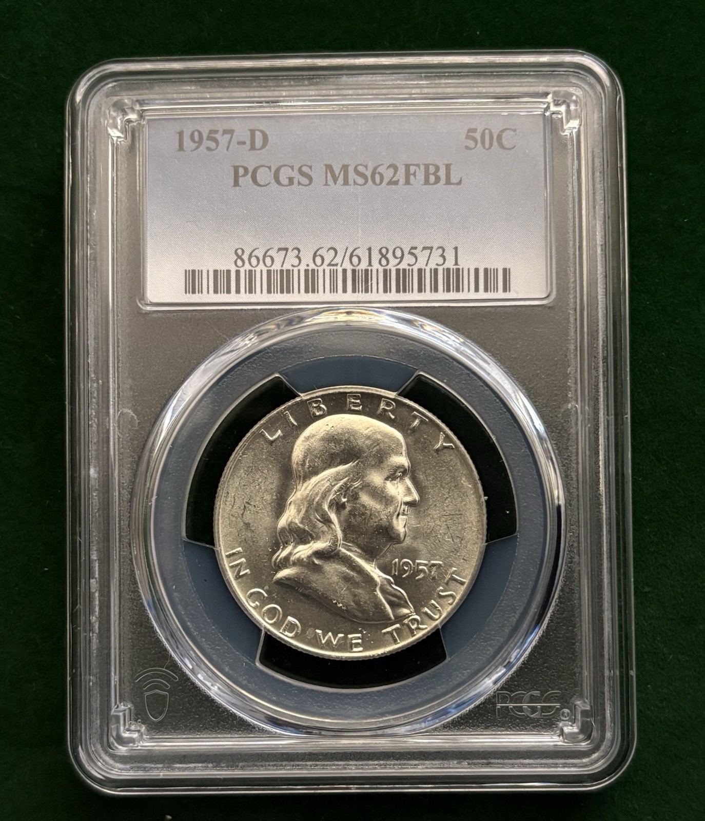 1957 D 50C Franklin Half Dollar PCGS MS62 FBL