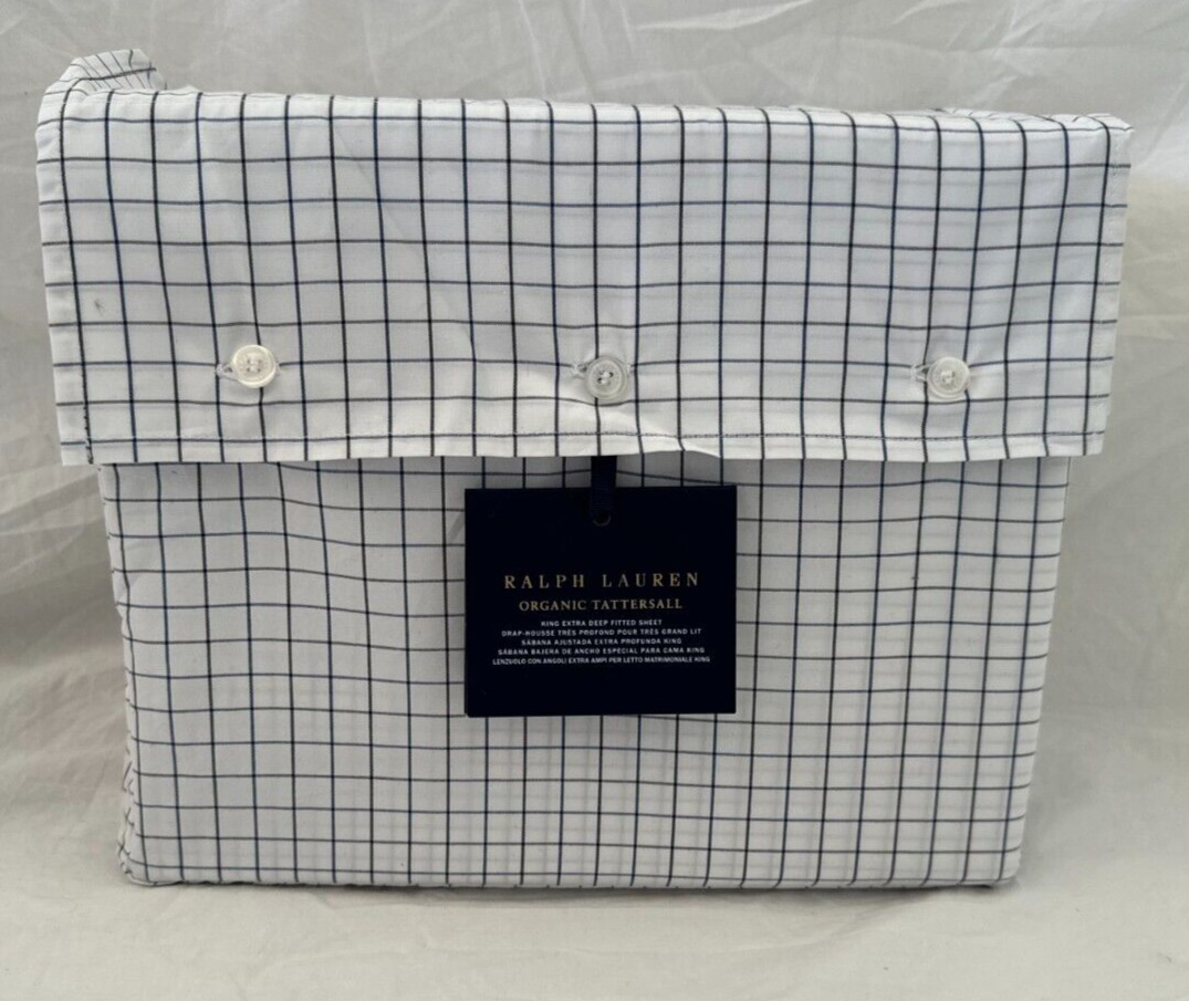 Ralph Lauren Organic Tattersall King Extra Deep Fitted Sheet $270 NIP