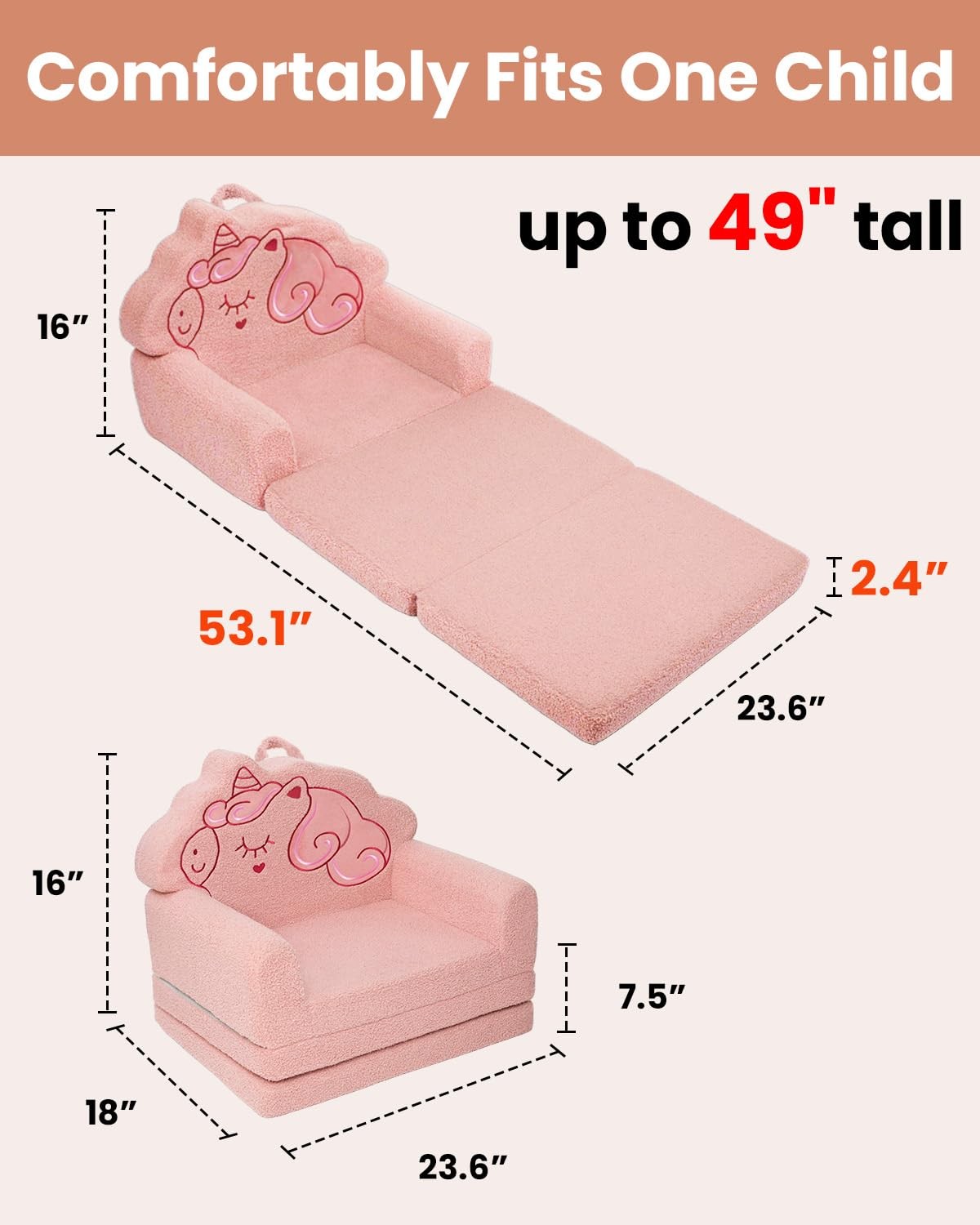 Couch, Convertible Sofa to Lounger Fold Out, Pink Magical Pony Design Chair f...